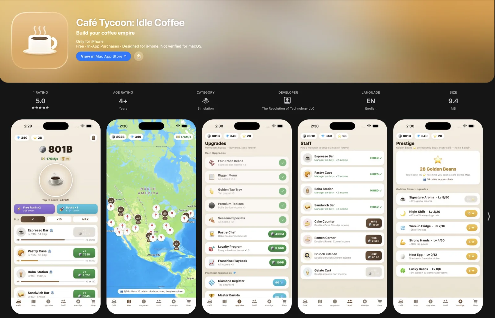 The App Store listing for Café Tycoon: Idle Coffee, rated 5.0, category Simulation, 9.4 MB, with five gameplay screenshots