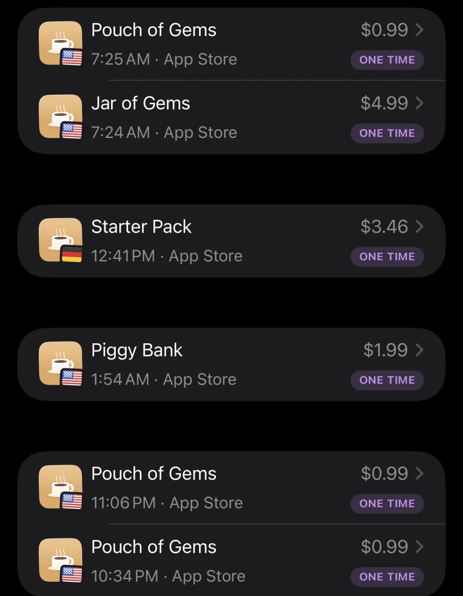A feed of one-time in-app purchases from the live game: Pouch of Gems, Jar of Gems, Starter Pack and Piggy Bank, bought from the US and Germany