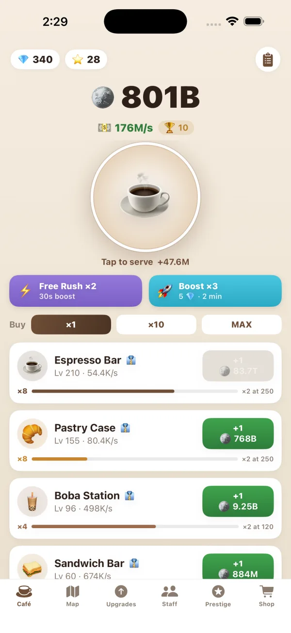 Café tab: coin balance, tap-to-serve cup, Rush and Boost buttons, and station rows with milestone bars
