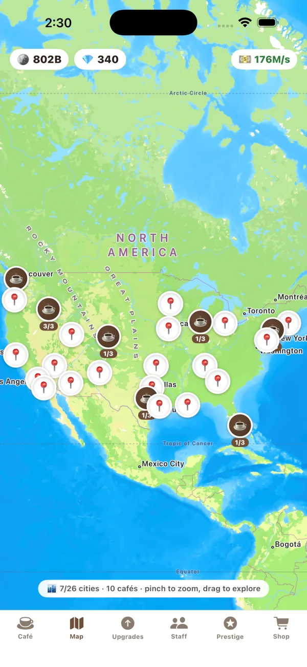 Map tab: a franchise chain of cafés pinned across North America