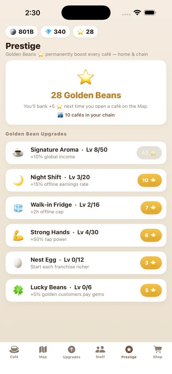 Prestige tab: golden beans and the permanent upgrade tree