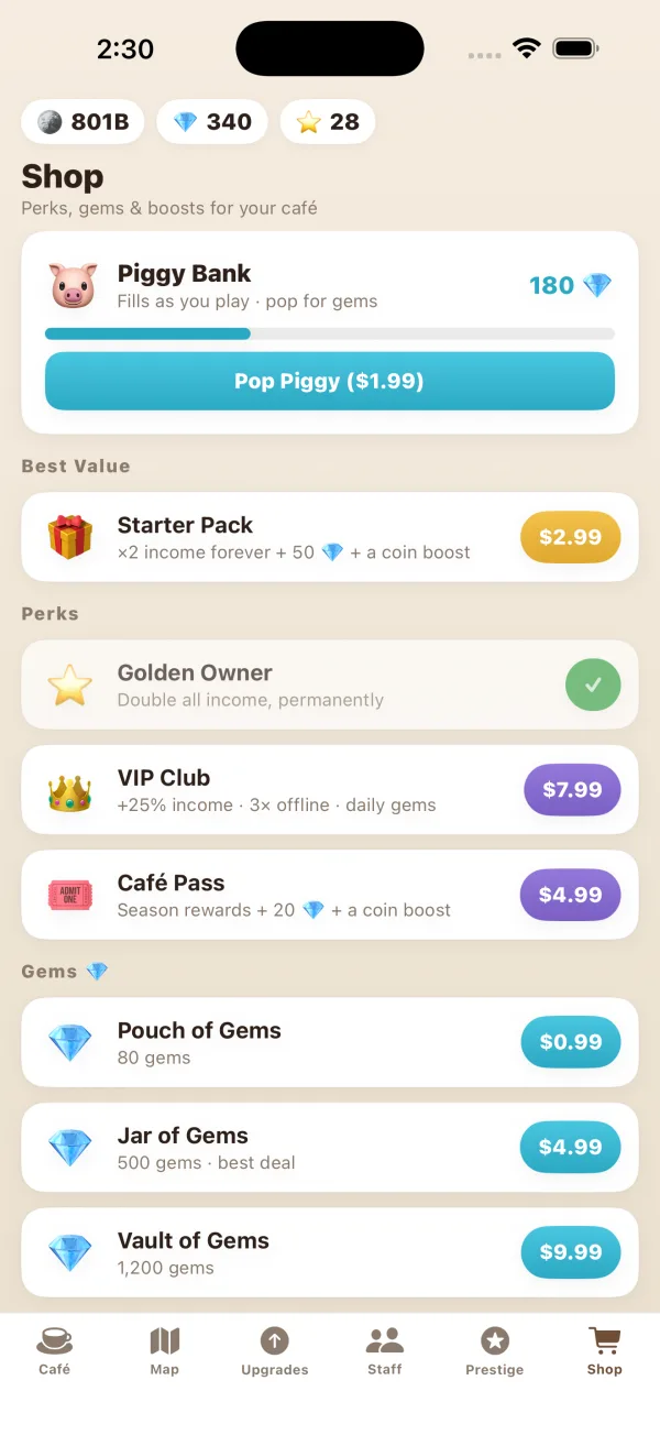 Shop tab: starter pack, golden owner, VIP club, café pass, piggy bank and gem packs