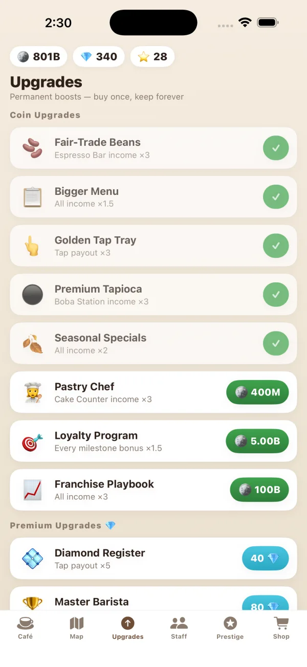 Upgrades tab: coin upgrades and premium gem upgrades